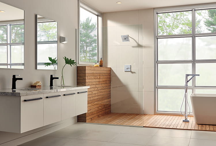Spa-like bathroom with wood panels